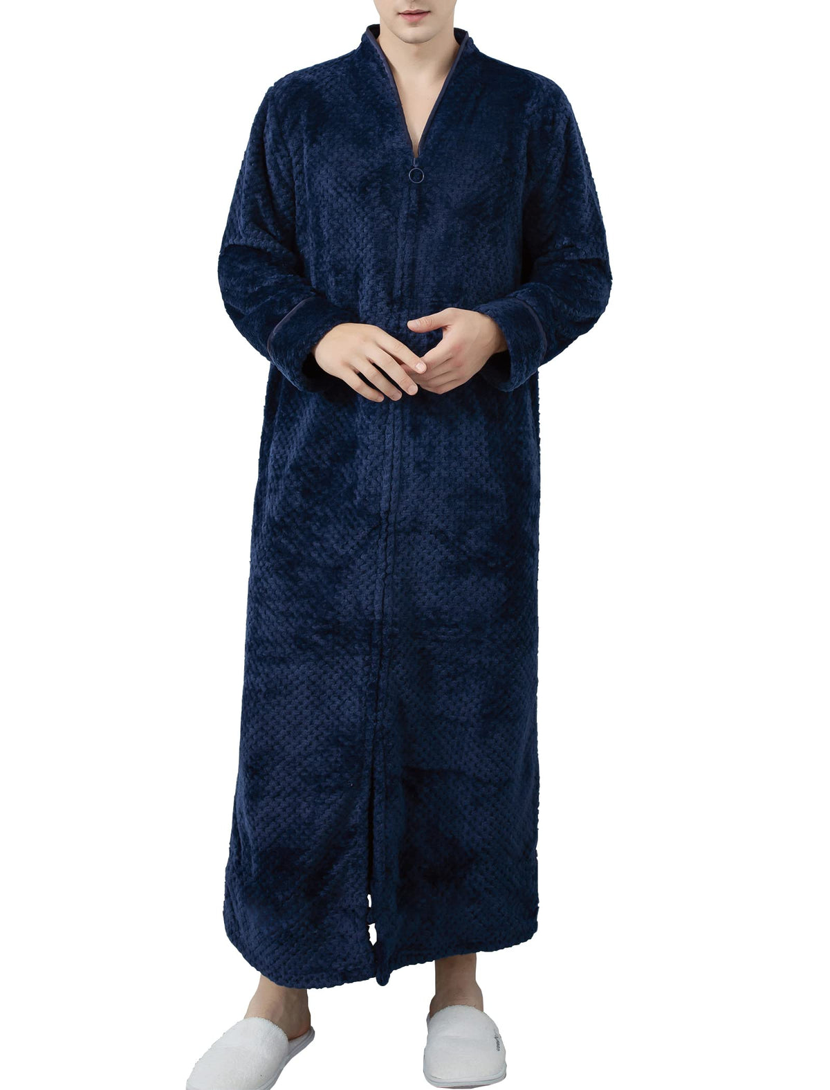 Locachy Men's Flannel Zip Bathrobes Soft Warm Long Fleece Plush Robe Housecoats Nightgown Sleepwear