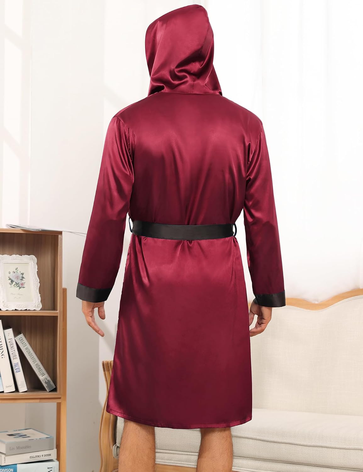 SWOMOG Mens Hooded Robe Satin Bathrobe with Shorts Set Silky Kimono Robe with Hood