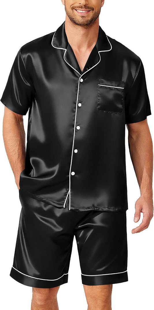 Ekouaer Mens Pajamas Set Silk Satin Pjs Short Sleeve Button Up Lounge Sets