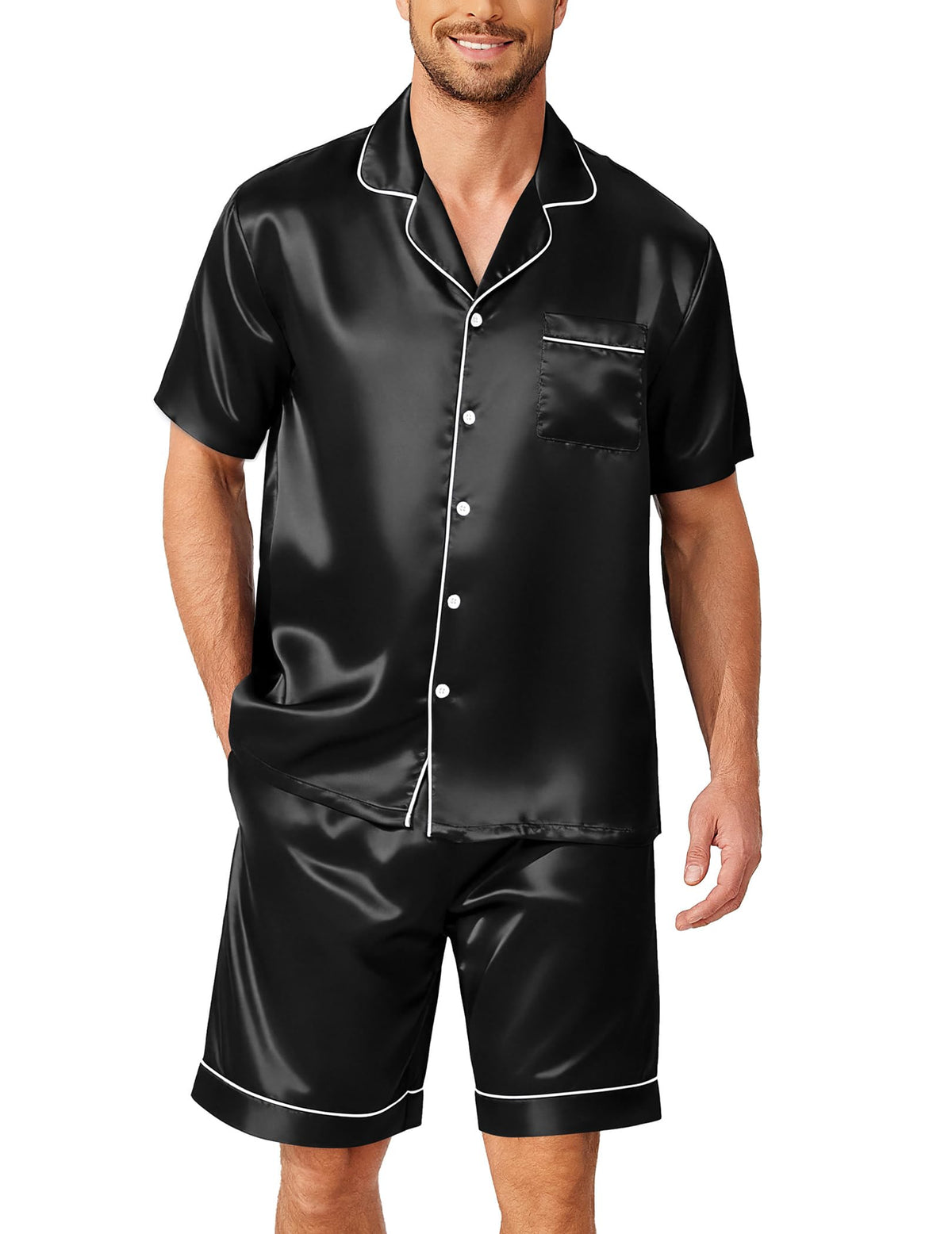 Ekouaer Mens Pajamas Set Silk Satin Pjs Short Sleeve Button Up Lounge Sets