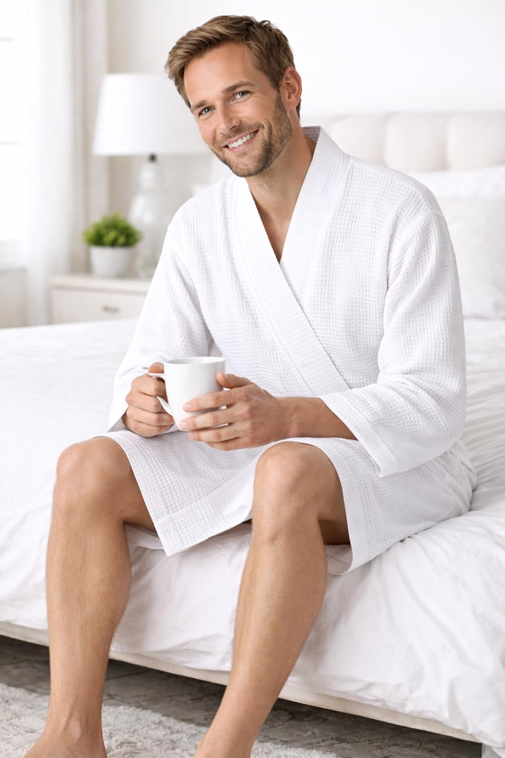 Turkish Linen Men’s Waffle Bathrobe Lightweight Kimono Spa Robe – Quick Dry Bath & Shower Robe for Men with Pockets