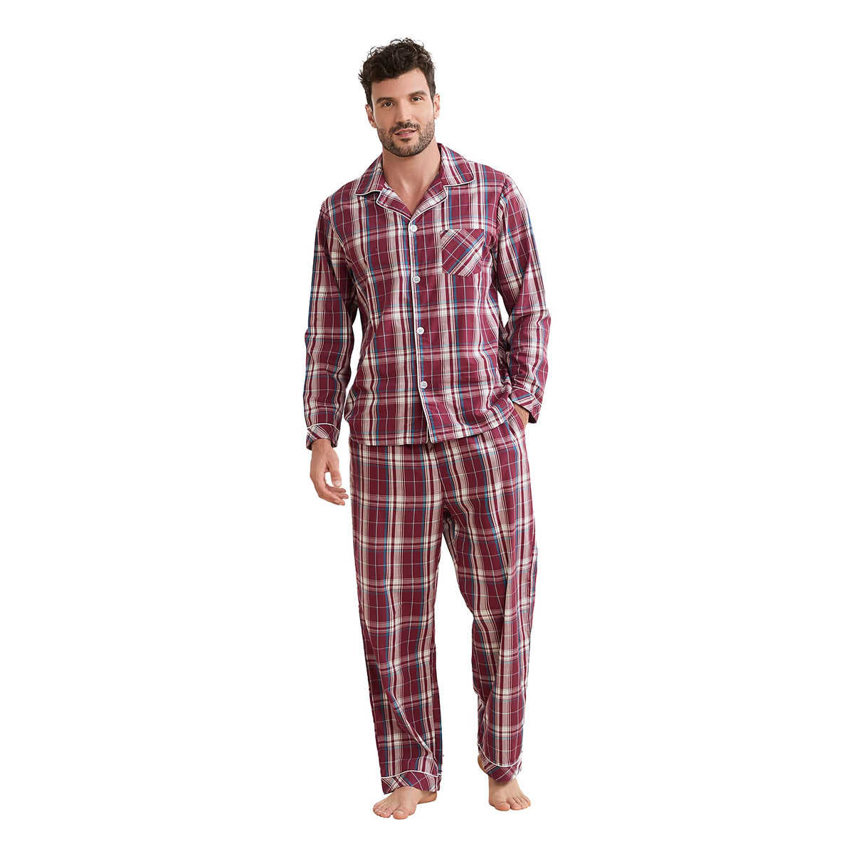 Vulcanodon Mens Cotton Pajama Set, Plaid Button Down Woven Sleepwear