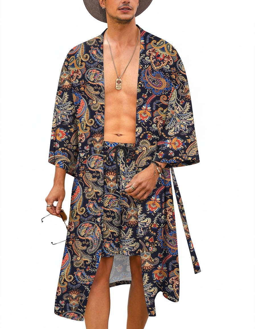 COOFANDY Men Lightweight 2 Piece Kimono Robe with Shorts Japanese Robes Casual Open Front Long Cardigan With Belt