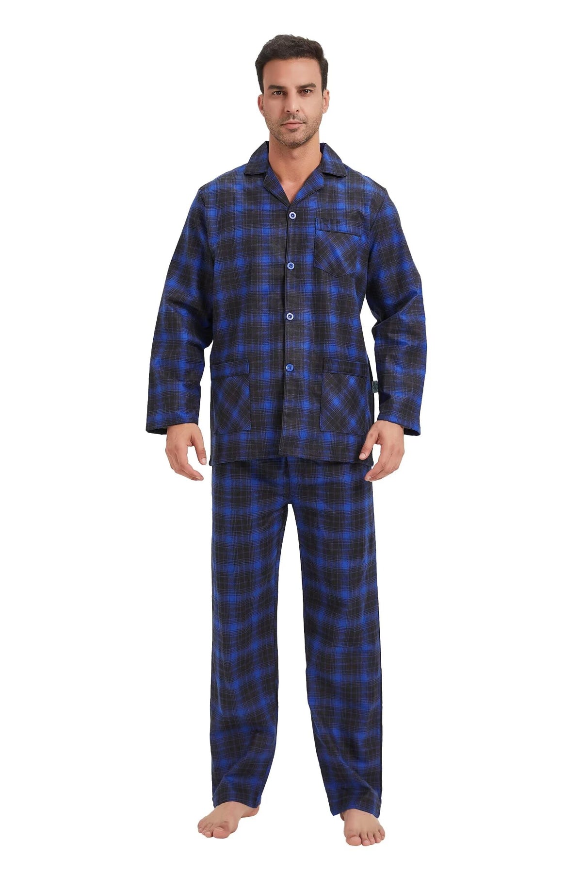 GLOBAL Men's Pajamas Sets 100% Cotton Flannel Sleepwear Long-Sleeve top & Bottom