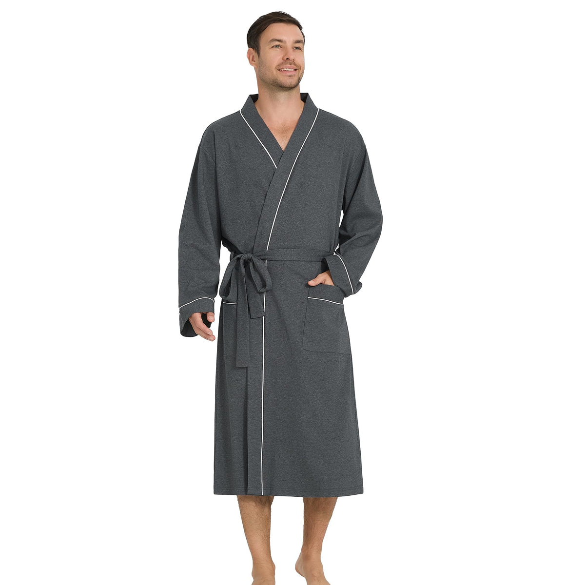 Vulcanodon Mens Organic Cotton Robe, Soft Kimono Bathrobe with Pockets