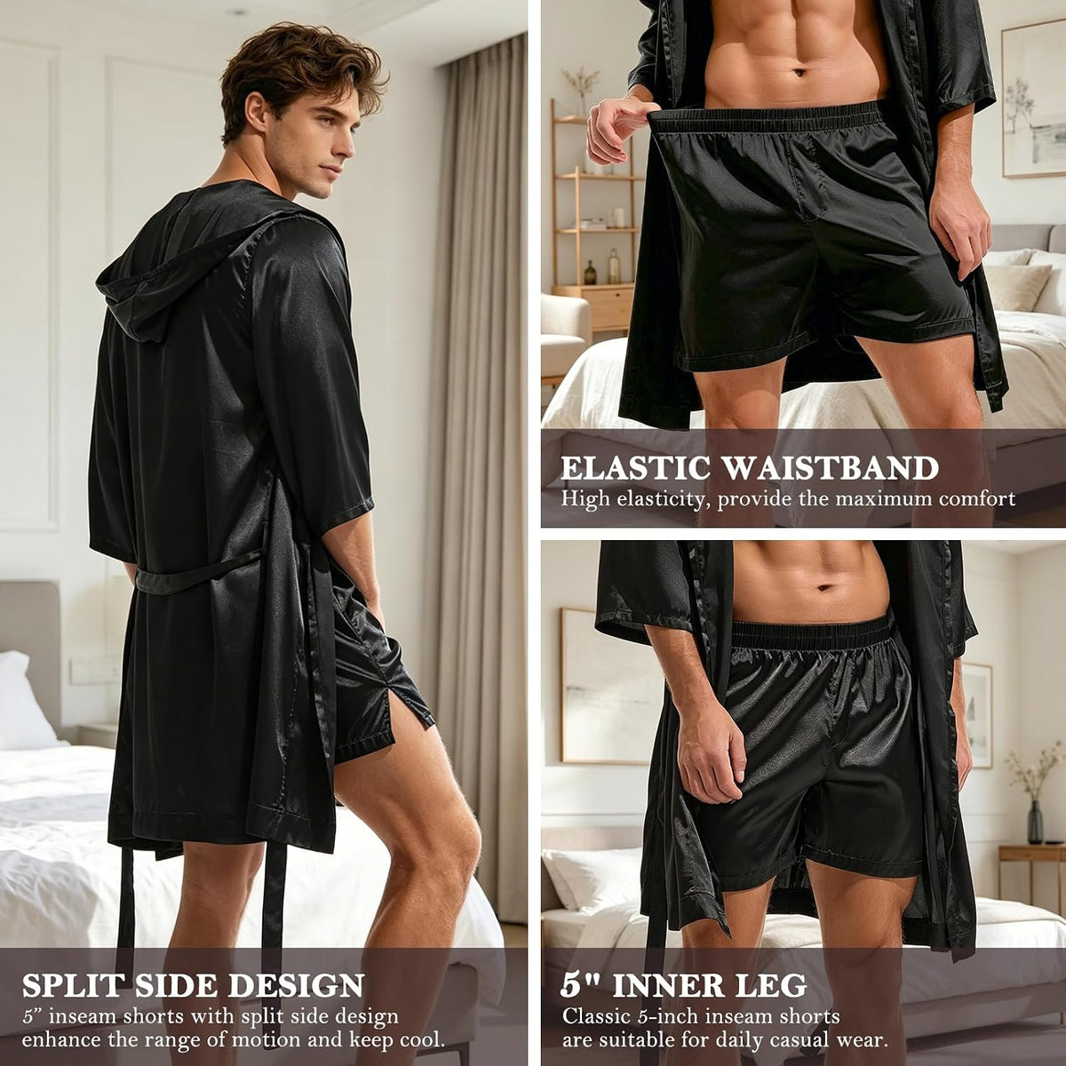 AMY COULEE Mens Sexy Satin Robe with Shorts 2 Pcs