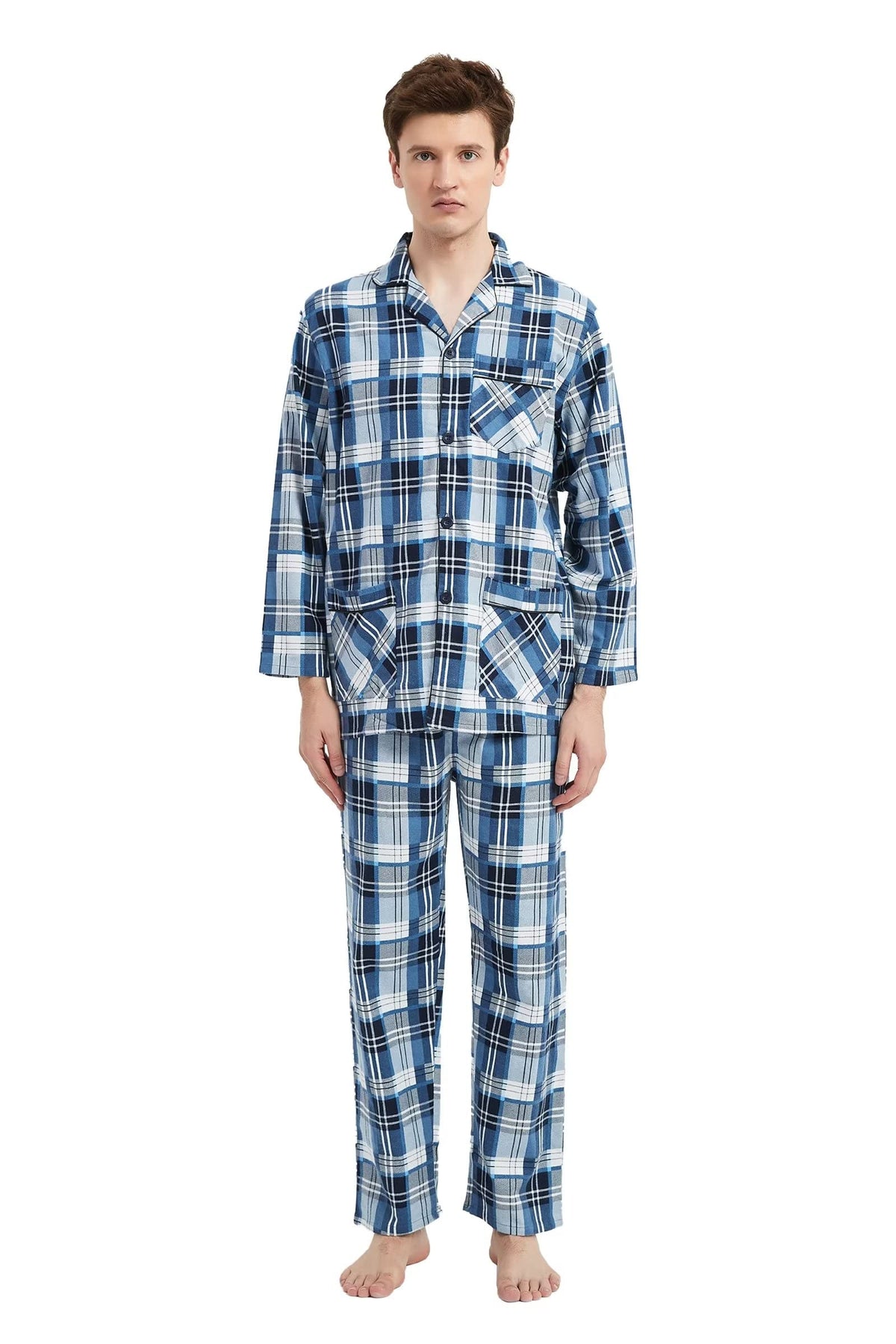 GLOBAL Men's Pajamas Sets 100% Cotton Flannel Sleepwear Long-Sleeve top & Bottom