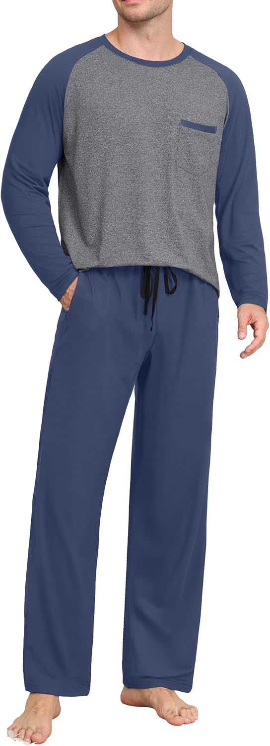 Mens Pajamas Set,Long Sleeve T Shirt Pjs Soft 2 Piece Loungewear With Pants