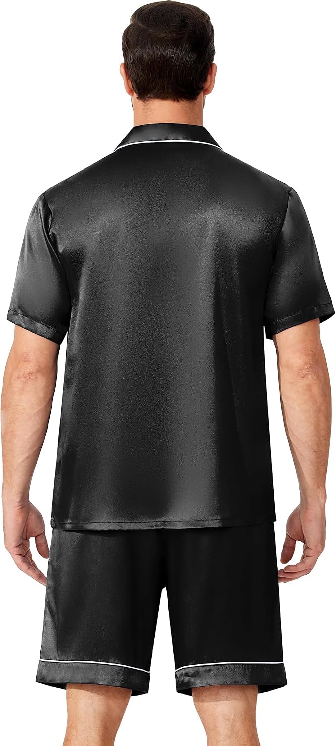 Ekouaer Mens Pajamas Set Silk Satin Pjs Short Sleeve Button Up Lounge Sets