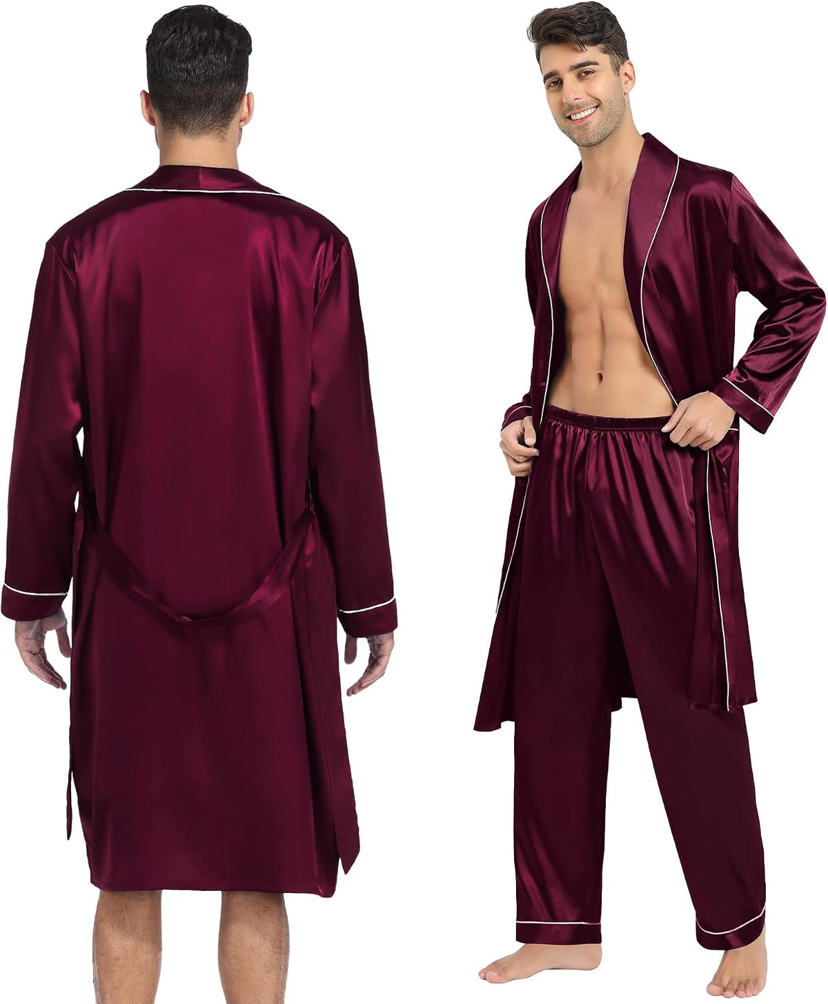 SWOMOG Men's Satin Robe 3 Pcs Silky Kimono Bathrobe Set Lightweight Soft Loungewear Nightwear