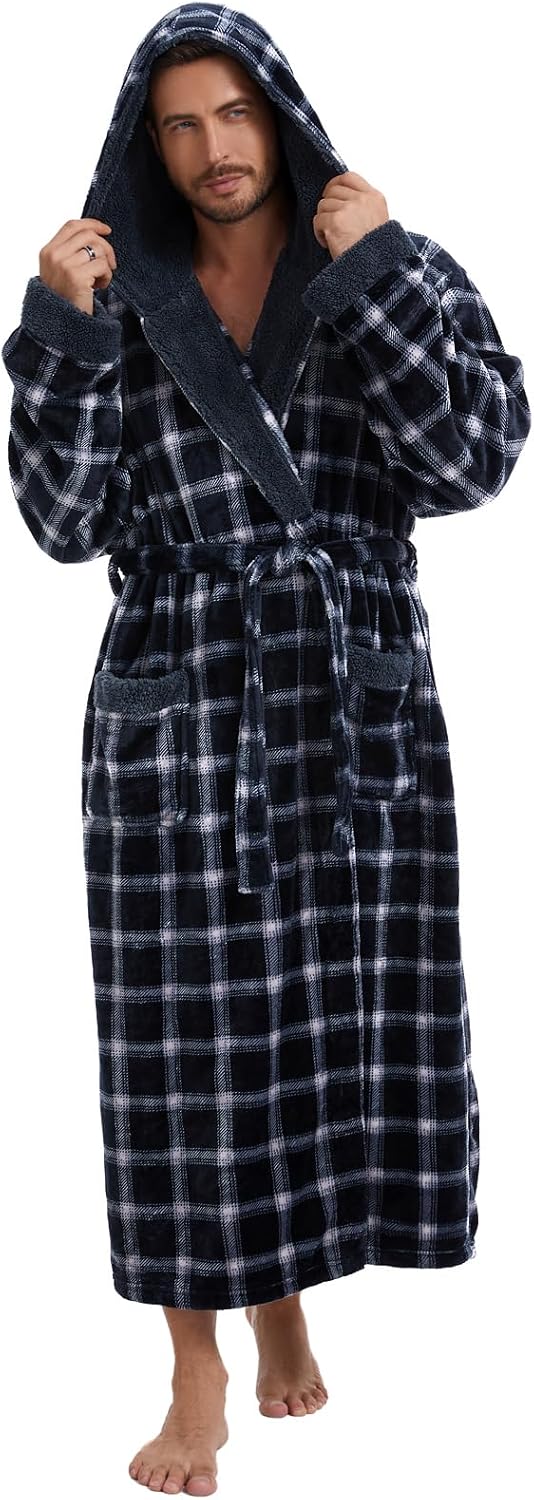 iniber Mens Hooded Robe, Soft Lightweight Plush Robes for Men, Warm Long Fleece Men's Bathrobe with Pockets
