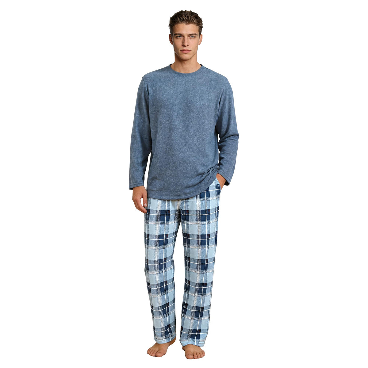 Vulcanodon Mens Pajama Set Soft Cozy Long Sleeve Crewneck Sleepwear Plaid Pants with Pockets Casual Loungewear for Men