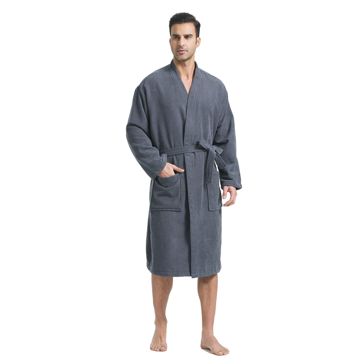 FashGudim Terry Cloth Robes for Men Big and Tall Short Mens Kimono Robe Super Absorbent Spa Bathrobe Calf Length With Pockets