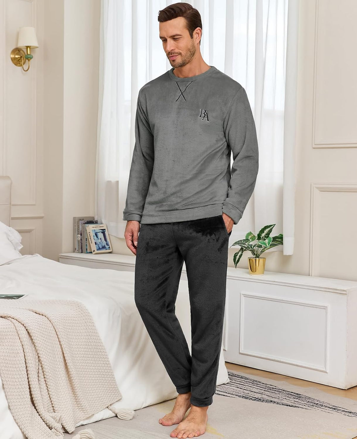 Mens Pajama Sets Fleece Pjs Winter Warm Lounge Sleepwear Soft Comfy Pajamas for Men