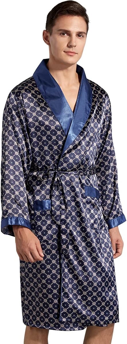 Haseil Men's Satin Robe Dragon Luxurious Silk Spa Long Sleeve House Kimono Bathrobe