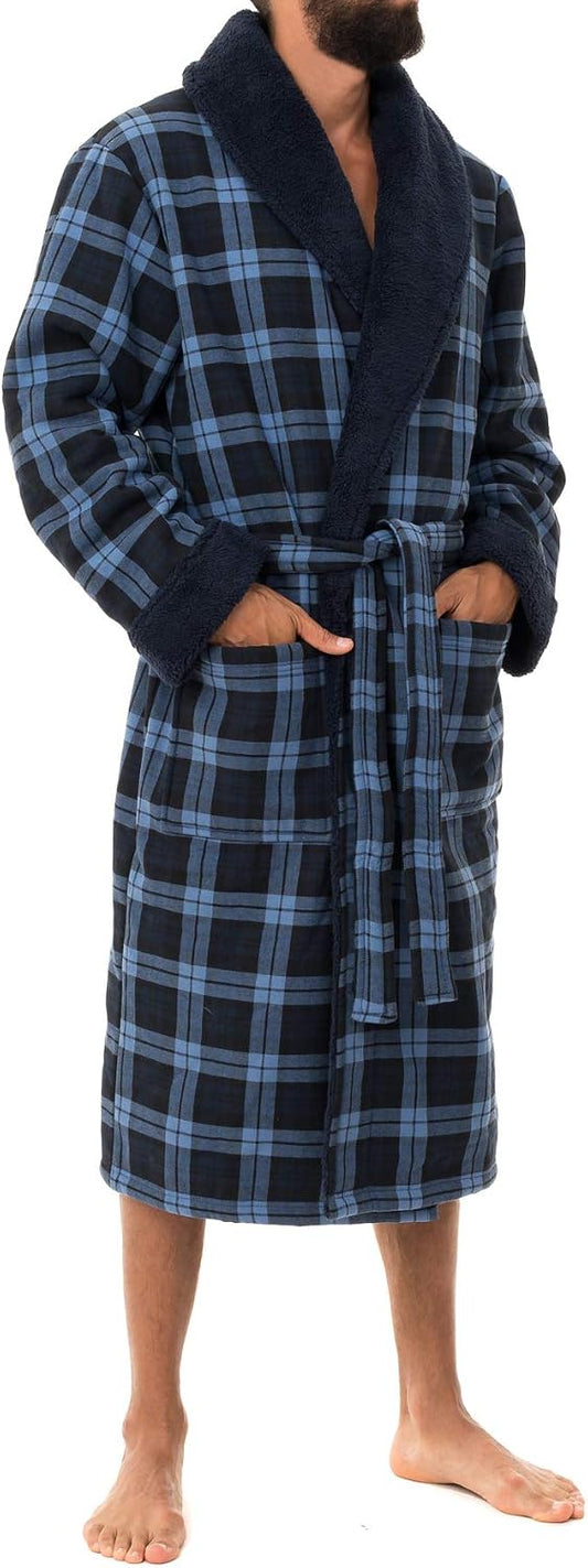John Christian Men's Bonded Fleece Robe, Blue Check