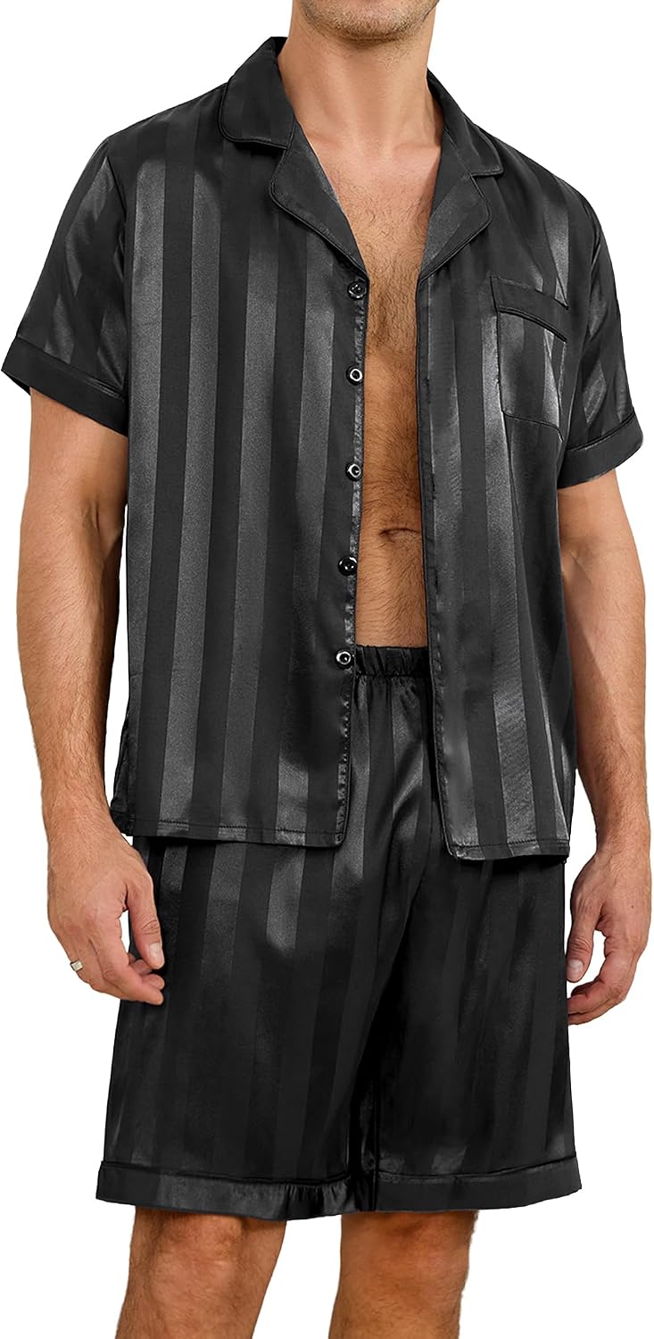 Sykooria Mens Pajamas Set Silk Satin Sleepwear 2 Piece Short Sleeve Loungewear Button Down Pj Set S-XXXL