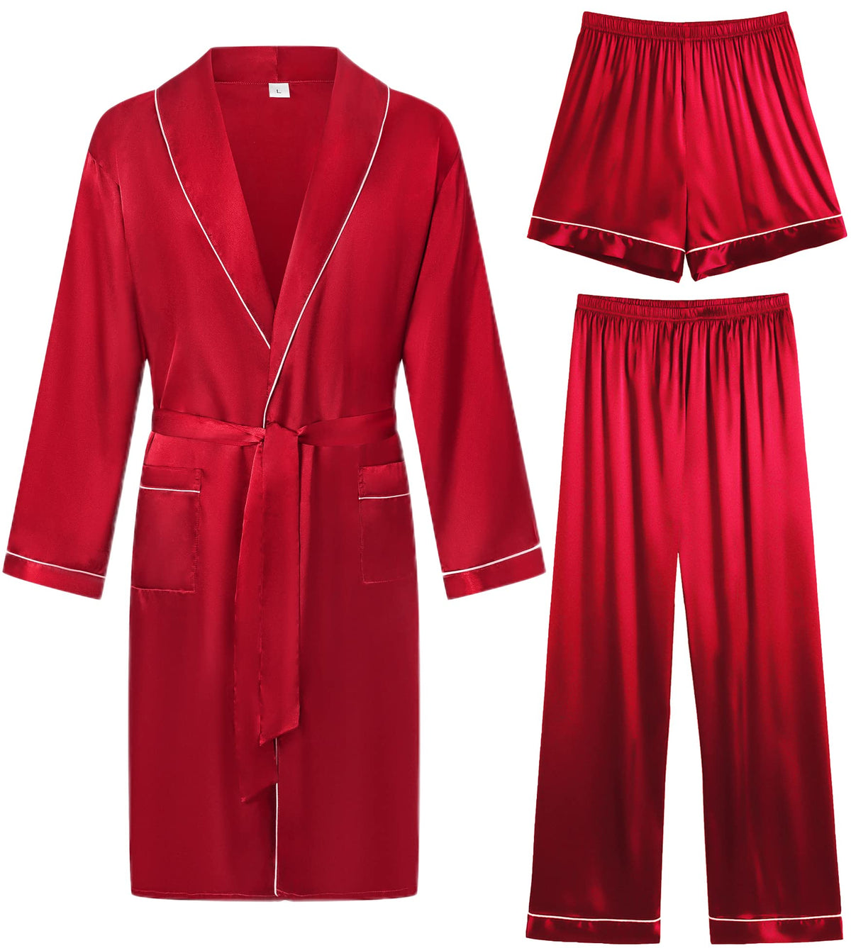 SWOMOG Men's Satin Robe 3 Pcs Silky Kimono Bathrobe Set Lightweight Soft Loungewear Nightwear