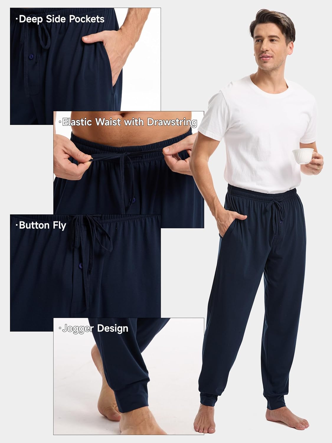 3 Pack Mens Pajama Pants Cotton Jogger Pjs Lightweight Lounge Pant