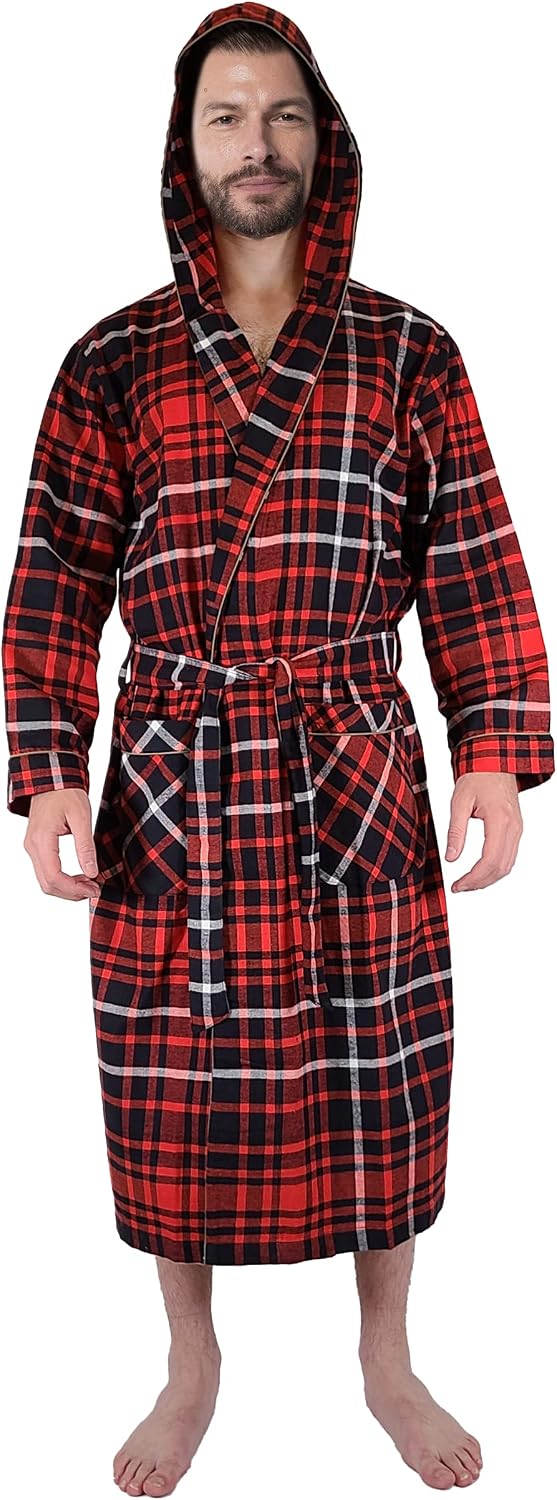 Andrew Scott Mens' Robe with Hoodie| Cotton Flannel Brush Plaid | All Season | Full Length House Robe
