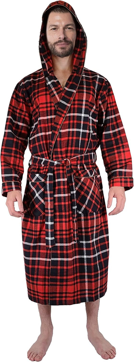 Andrew Scott Mens' Robe with Hoodie| Cotton Flannel Brush Plaid | All Season | Full Length House Robe