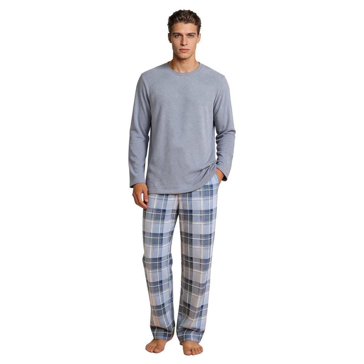 Vulcanodon Mens Pajama Set Soft Cozy Long Sleeve Crewneck Sleepwear Plaid Pants with Pockets Casual Loungewear for Men