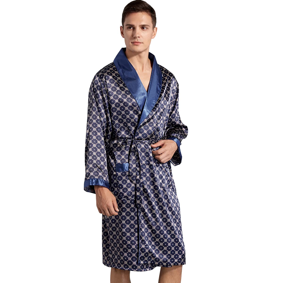 Haseil Men's Satin Robe Dragon Luxurious Silk Spa Long Sleeve House Kimono Bathrobe