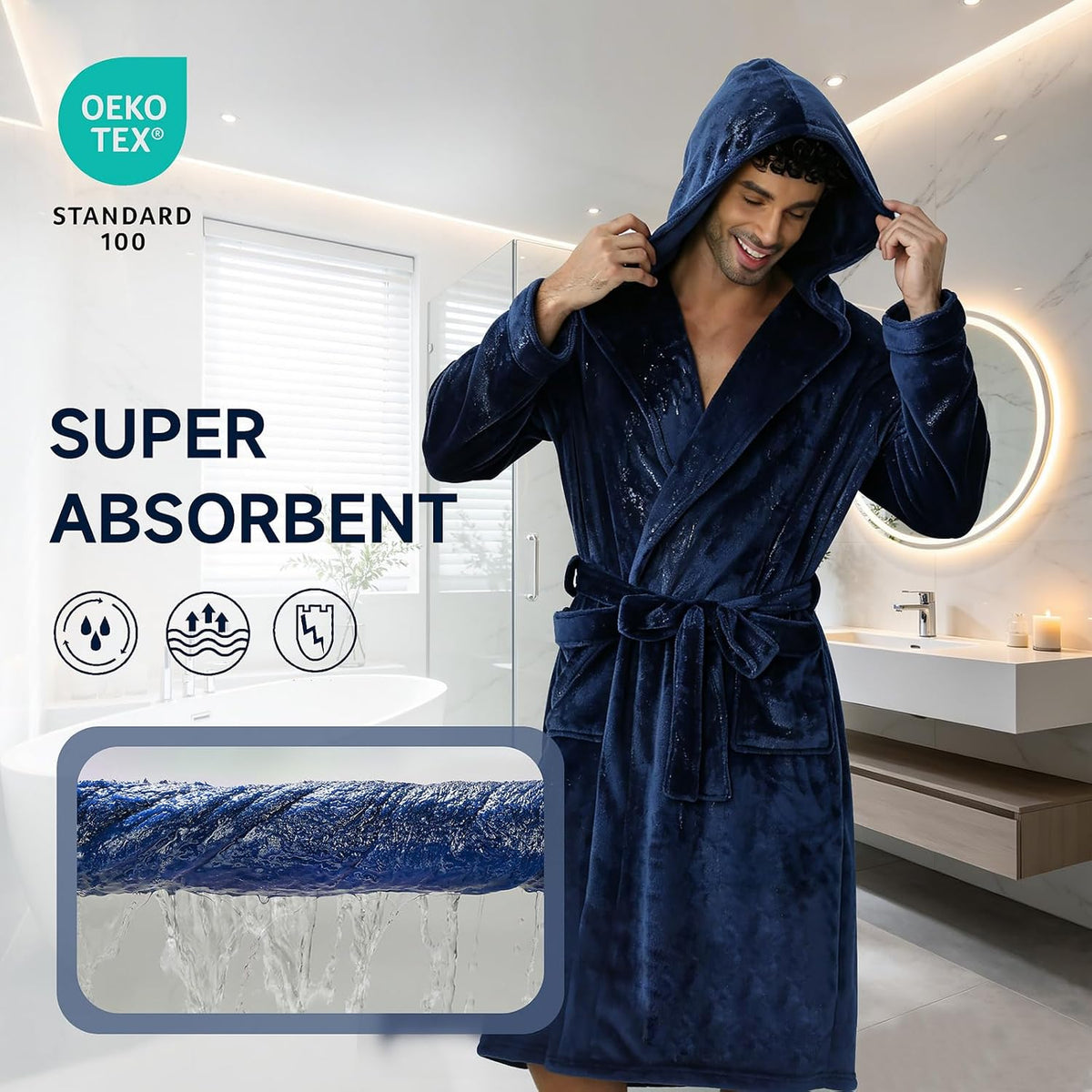 Men's Hooded Robe, Premium Plush Warm Bathrobe