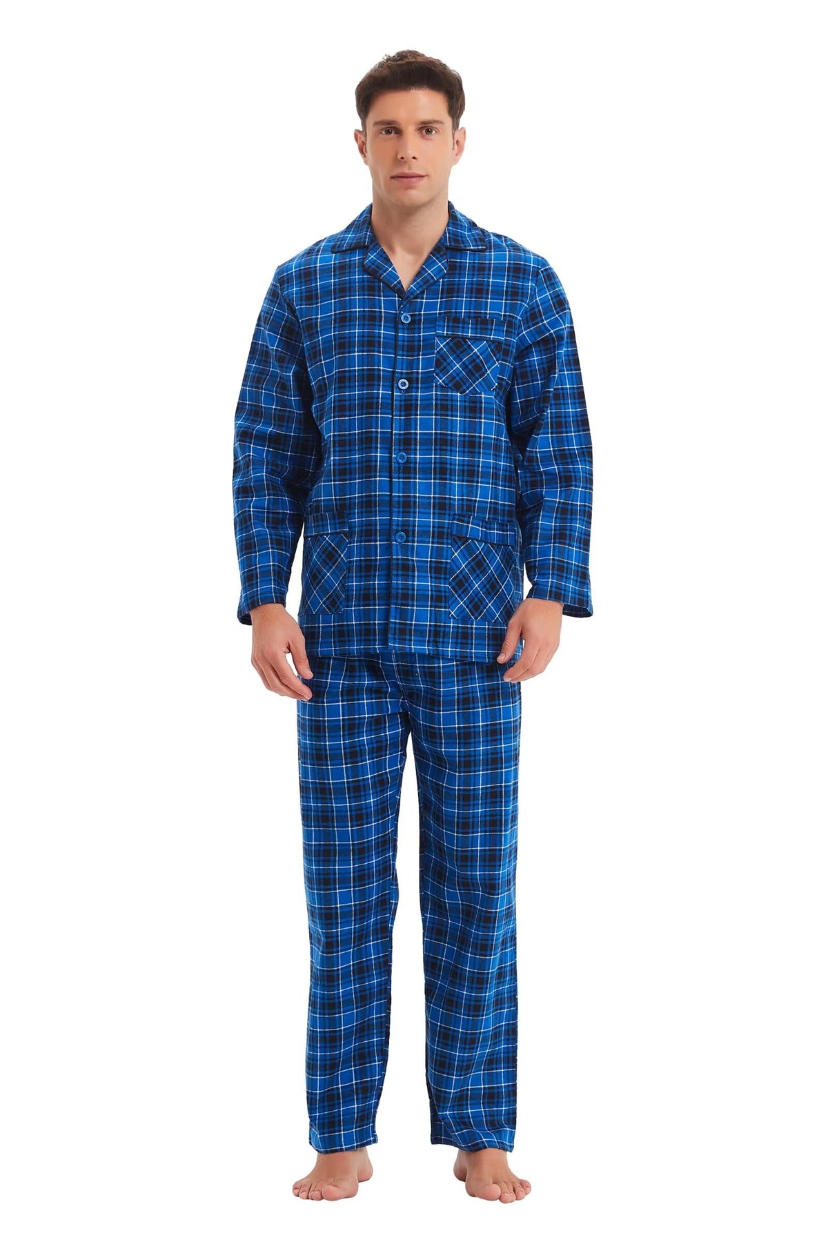 GLOBAL Men's Pajamas Sets 100% Cotton Flannel Sleepwear Long-Sleeve top & Bottom