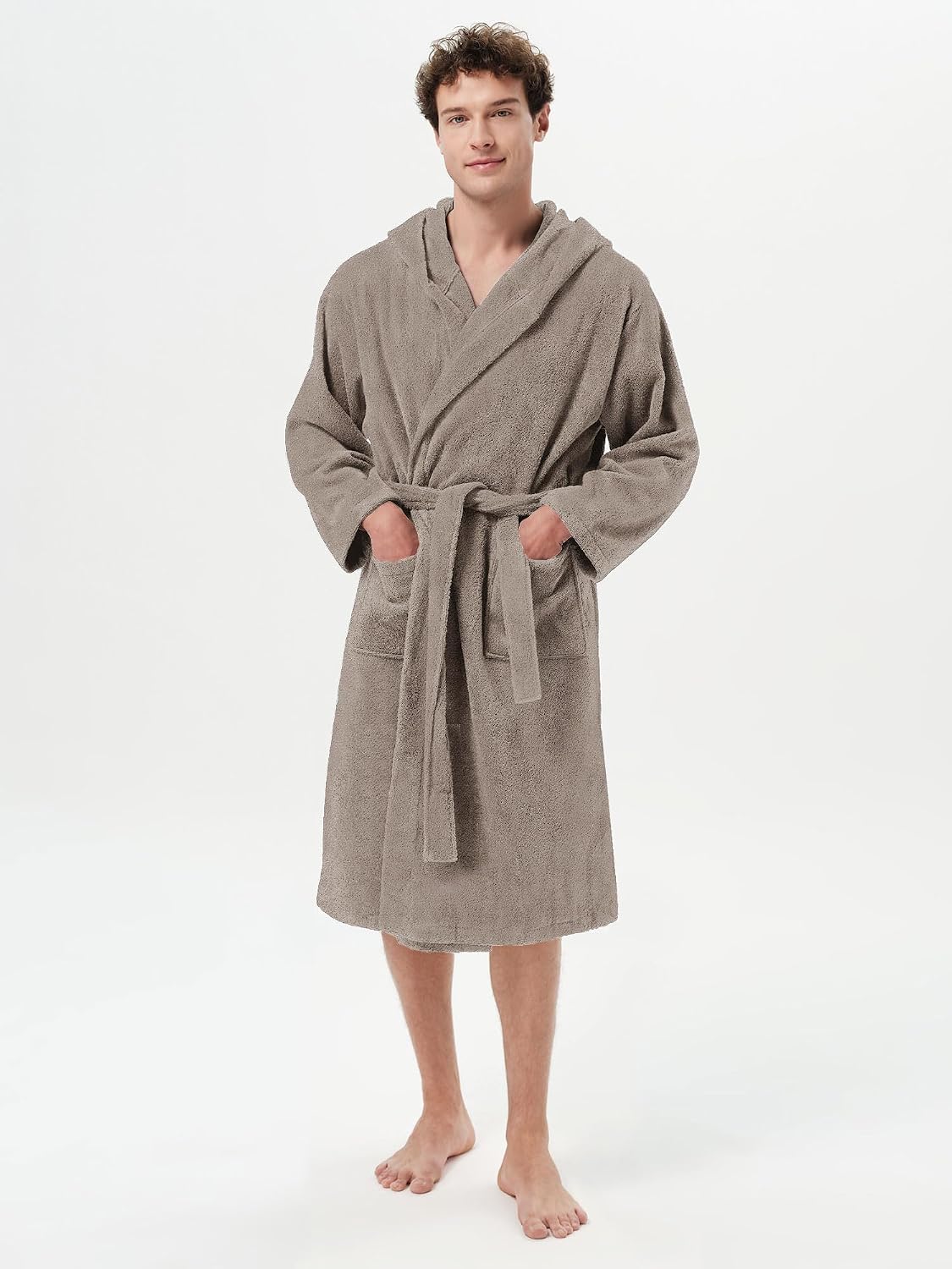 SIORO Mens Terry Bath Robe, Plush Hooded Cotton Cloth Knee-Length Robes for Spa, Shower, Soft Towel Bathrobes with Pockets