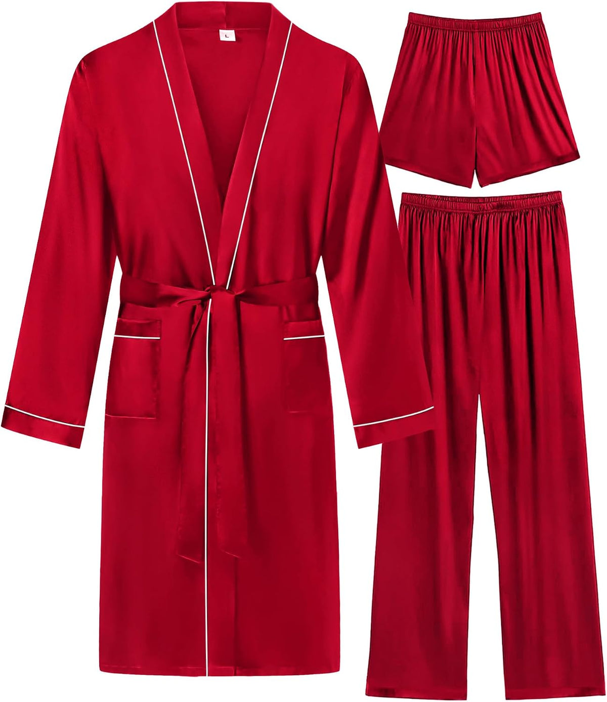 SWOMOG Mens 3 PCS Satin Robe with Pants & Shorts Set Kimono Bathrobe Long Sleeve Sleepwear Pjs Sets with Pockets