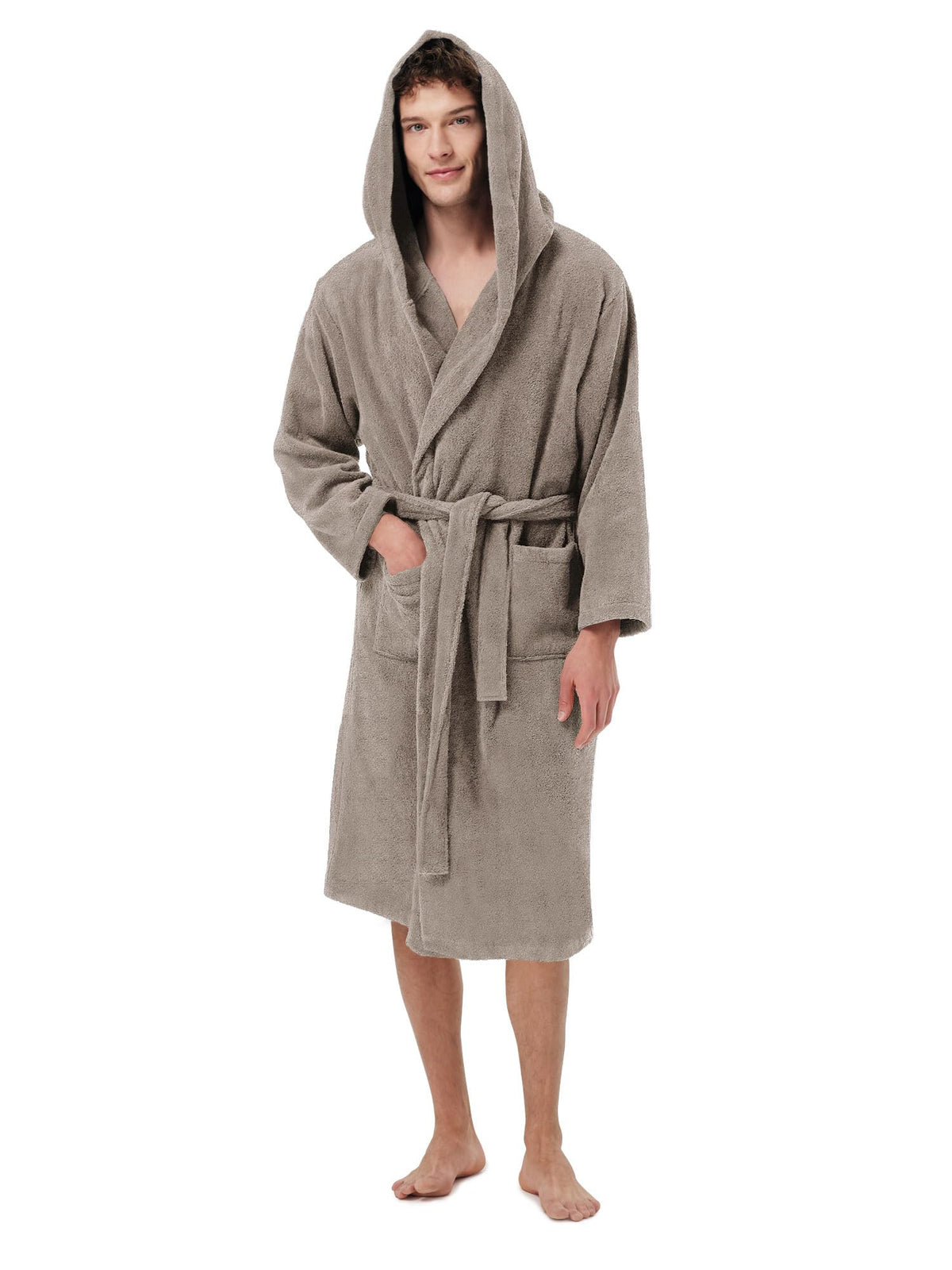 SIORO Mens Terry Bath Robe, Plush Hooded Cotton Cloth Knee-Length Robes for Spa, Shower, Soft Towel Bathrobes with Pockets