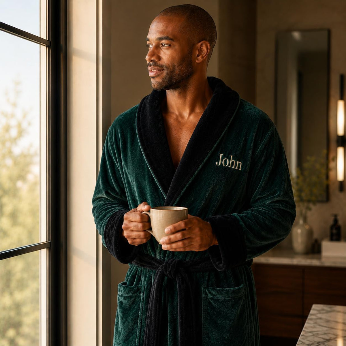 Lotus Linen Personalized Men's Plush Robe - Luxury Hooded Fleece Bathrobe with Custom Embroidery