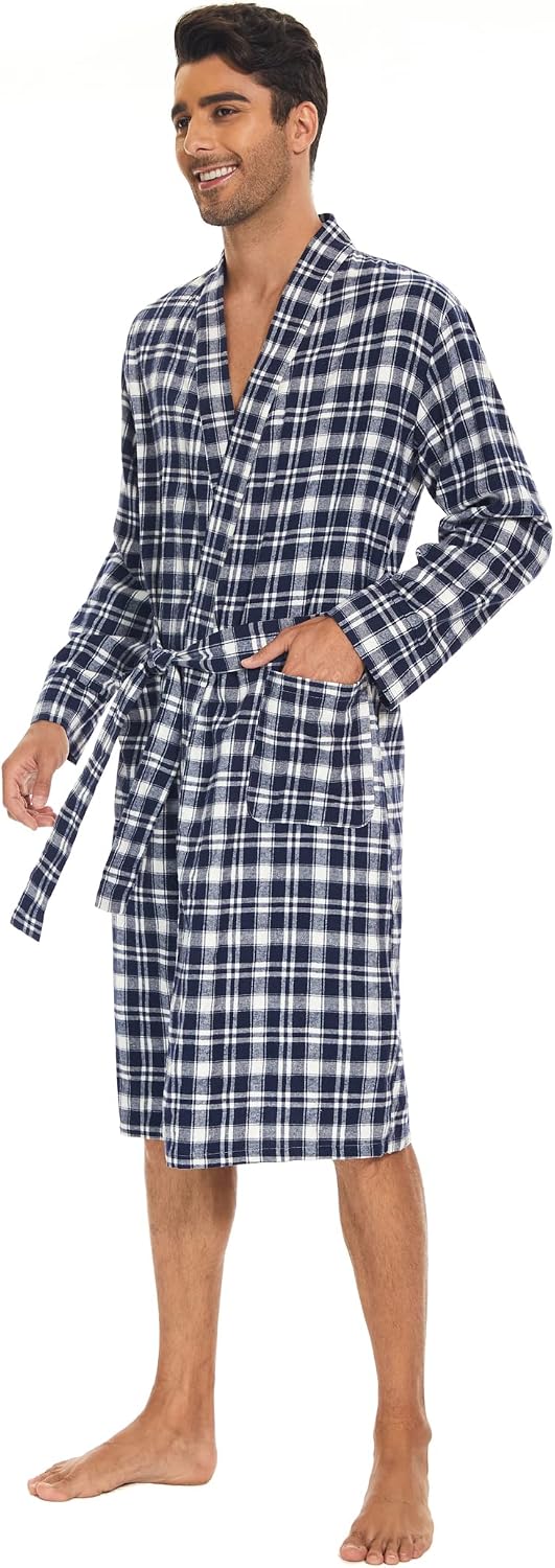 Zerbala Men's Flannel Robe Knee Length Plaid Bathrobe