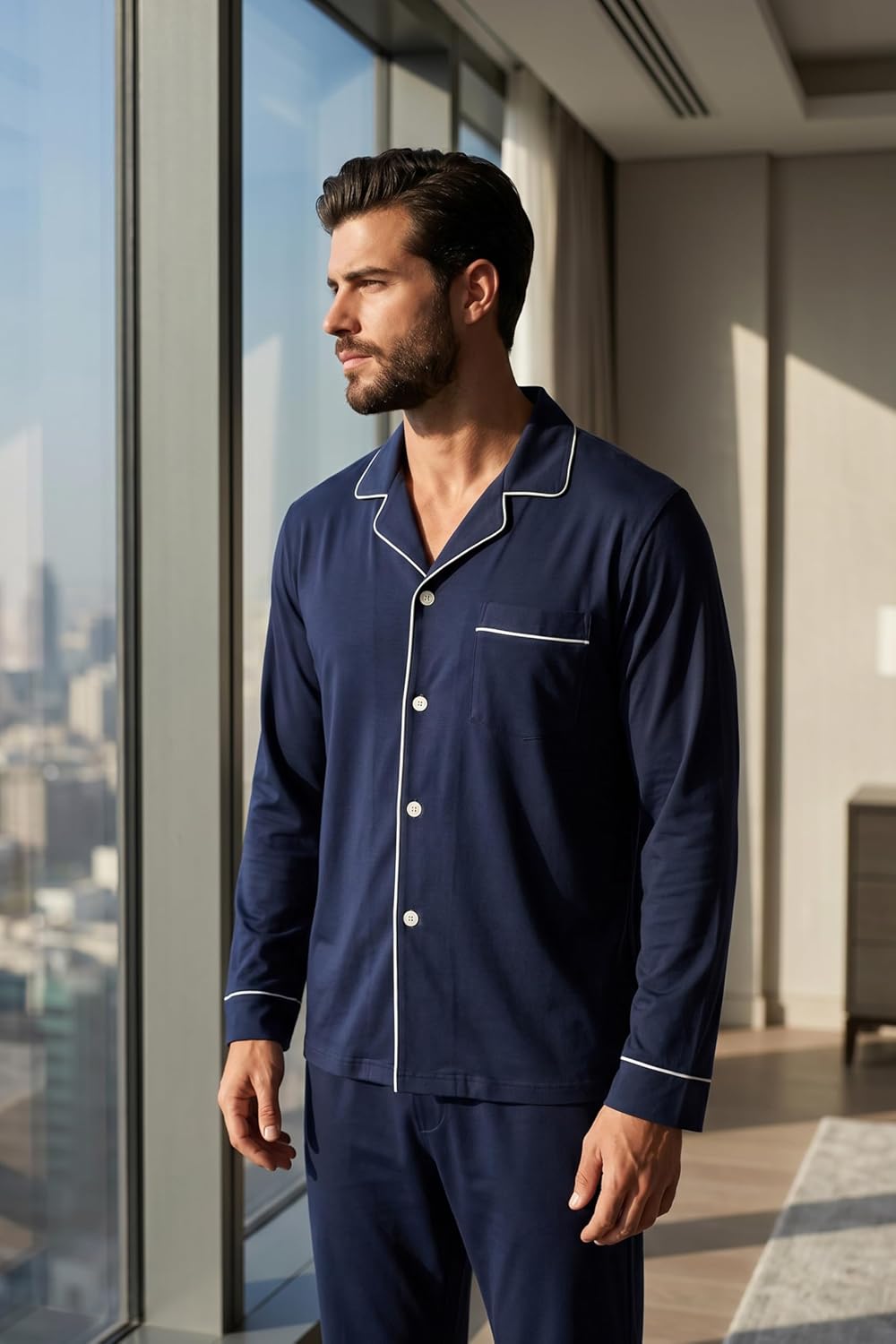 Vulcandon Mens Cotton Pajamas Set, Button Down Sleepwear 2 Piece PJs