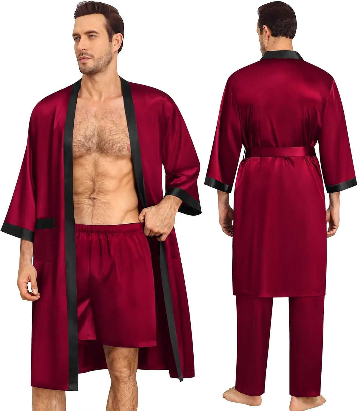 SWOMOG 3Pcs Men's Satin Robe Silk Satin Kimono Bathrobe with Shorts&Pants Set Soft Lightweight Nightwear
