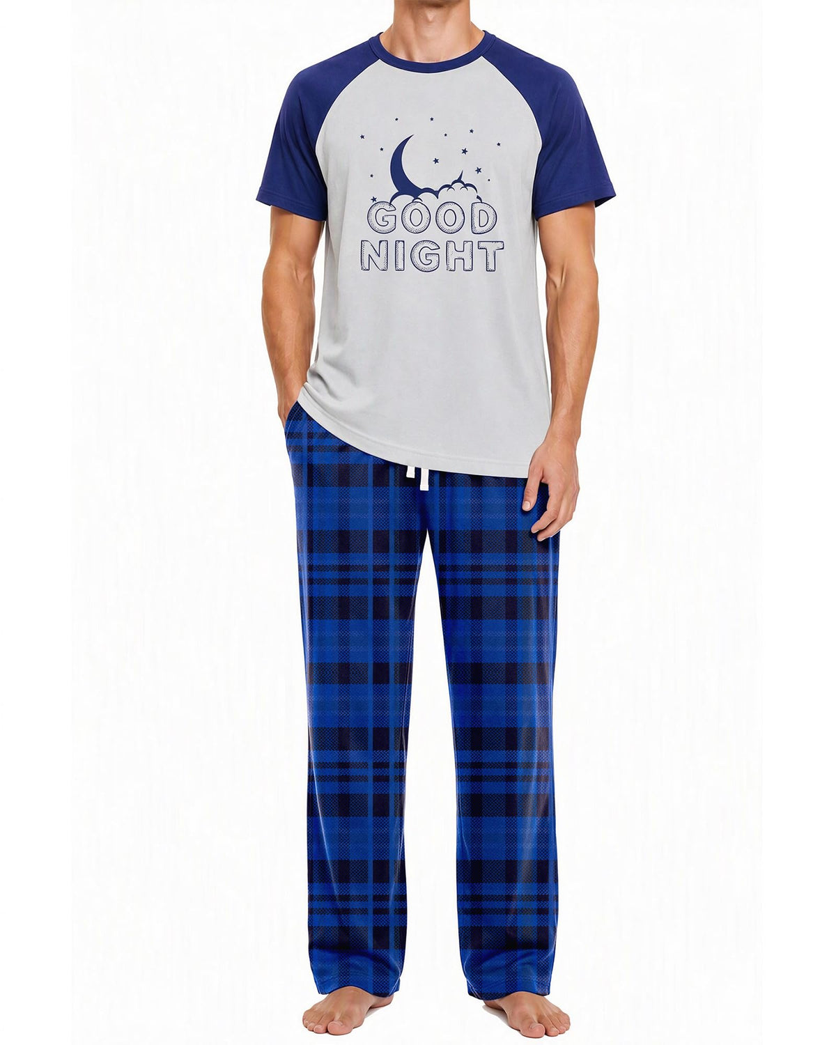 Mens Pajamas Set Soft Pjs Short Top Plaid Pants Sleepwear Loungewear Sets