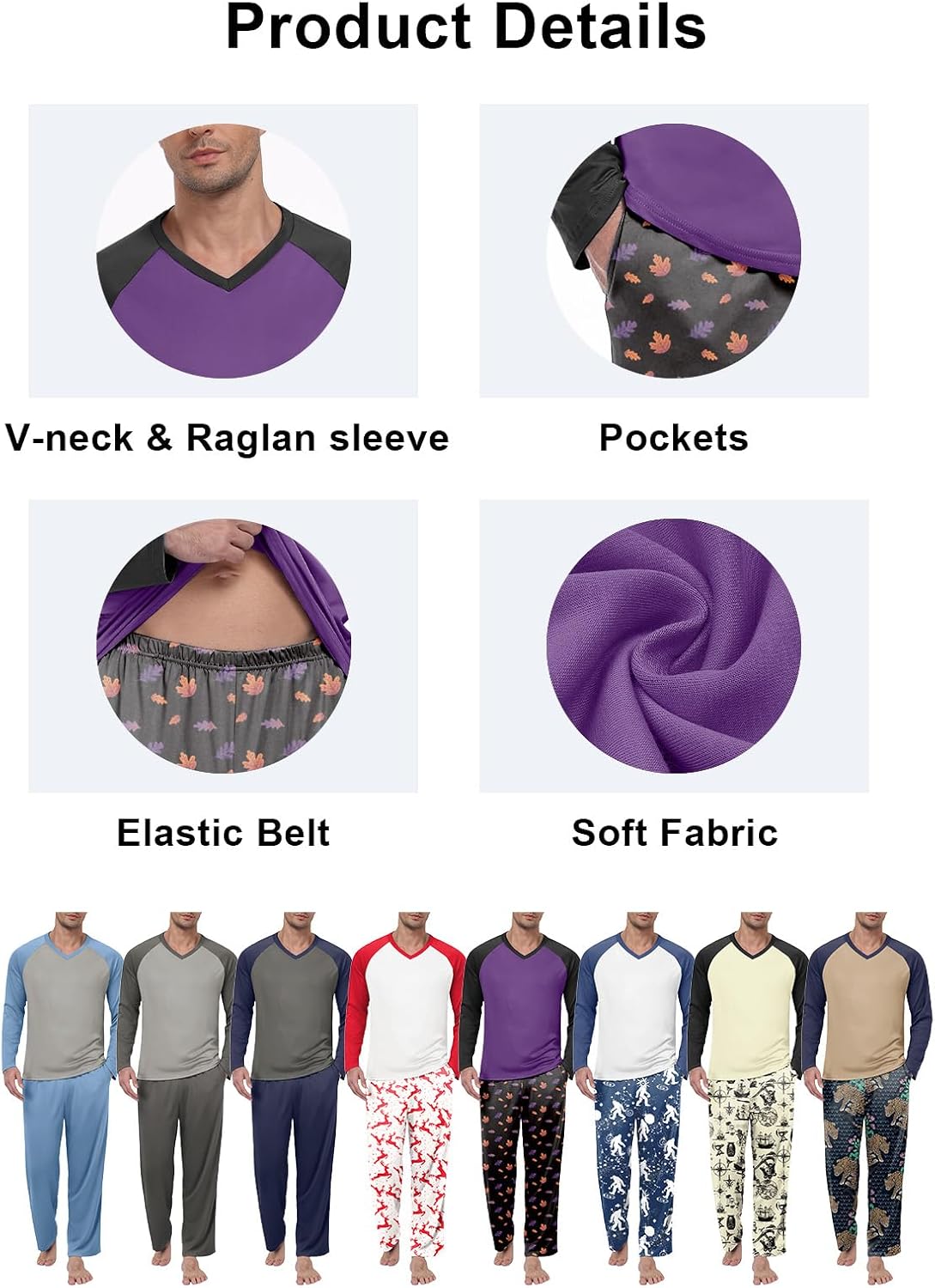 Feiersi Men's Pajama Set Soft Long Sleeve Pjs Sets V-neck Loungewear Shirts