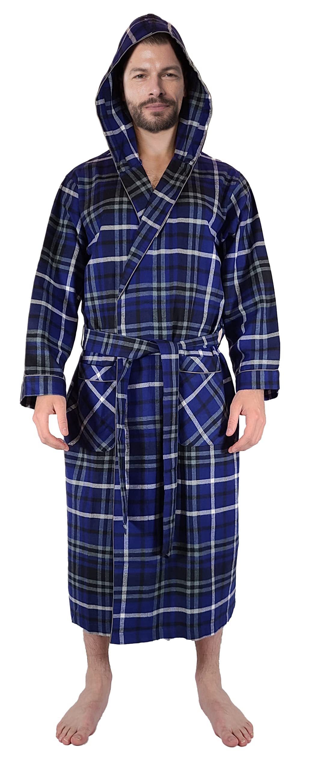 Andrew Scott Mens' Robe with Hoodie| Cotton Flannel Brush Plaid | All Season | Full Length House Robe