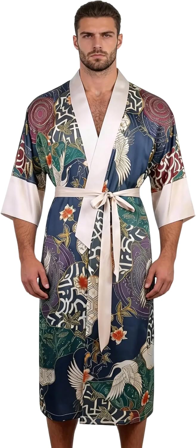 Mens Lightweight Soft Satin Kimono Lounge Bath Robe for Summer