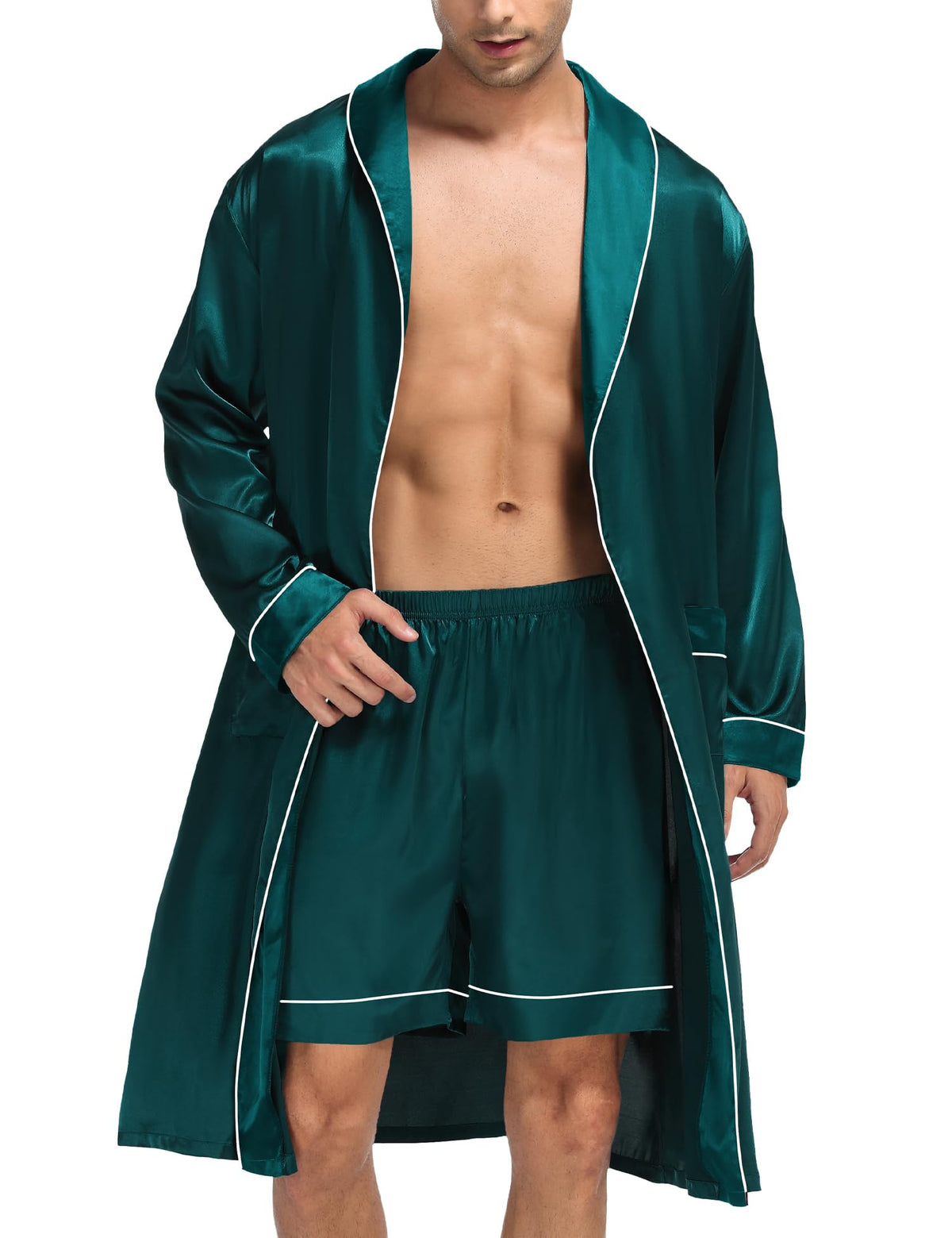 SWOMOG Men's Satin Robe Silky Kimono Bathrobe with Shorts Set Lightweight Soft Loungewear Nightwear