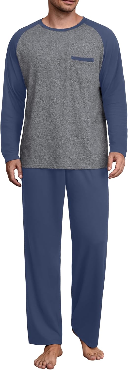 Mens Pajamas Set,Long Sleeve T Shirt Pjs Soft 2 Piece Loungewear With Pants