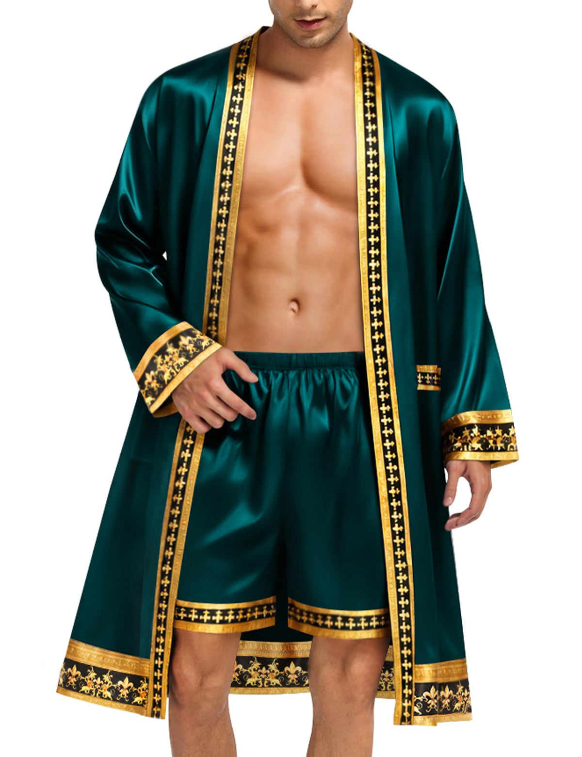 SWOMOG Men's Satin Robe with Shorts Set Silky Kimono Bathrobe Opulent Baroque Robes Lightweight Luxury Sleepwear