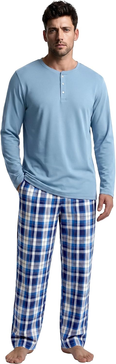 Vulcanodon Mens 100% Cotton Pajamas Set Cozy 2 Piece with Plaid Pants Pjs