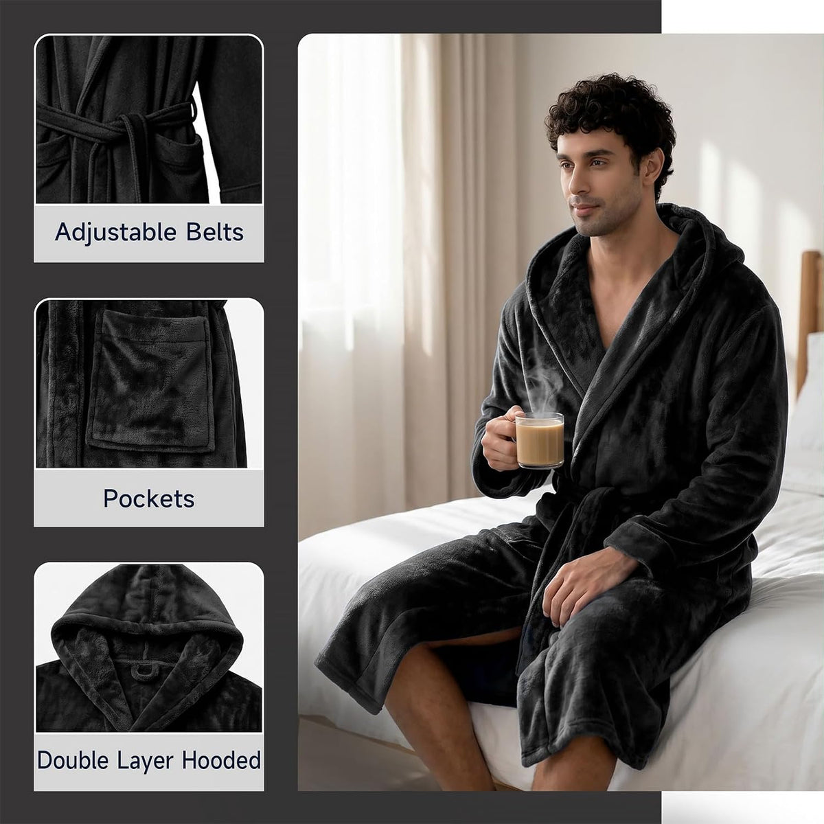 Men's Hooded Robe, Premium Plush Warm Bathrobe