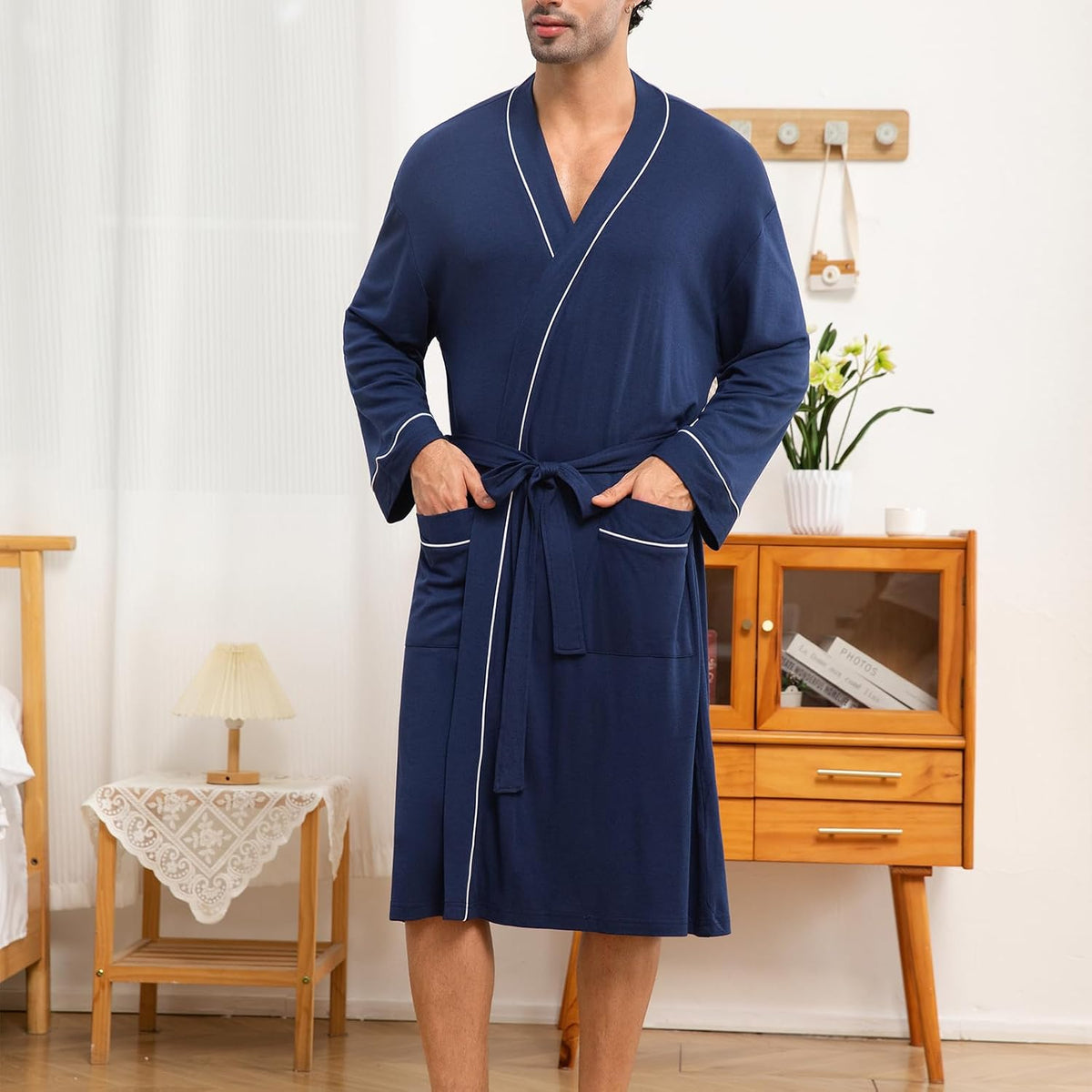Mens Lightweight Robe Cotton Blend Kimono Bathrobe with Pockets, Soft Breathable Absorbent Loungewear for Home