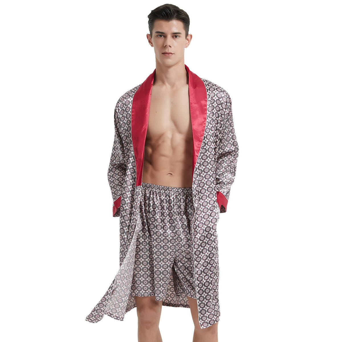 Haseil Men's Luxurious Kimono Robe with Shorts Silk Satin Bathrobes Lightweight Long Sleeve Sleepwear Set