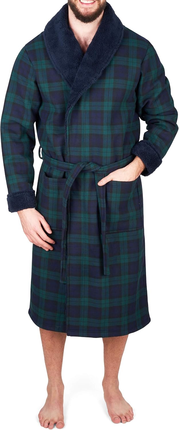 John Christian Men's Bonded Fleece Robe, Blue Check