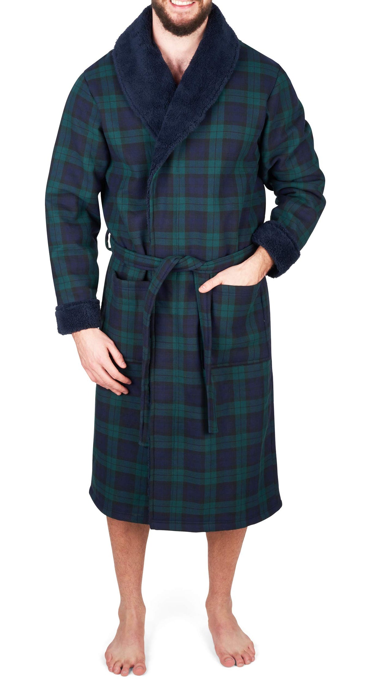 John Christian Men's Bonded Fleece Robe, Blue Check