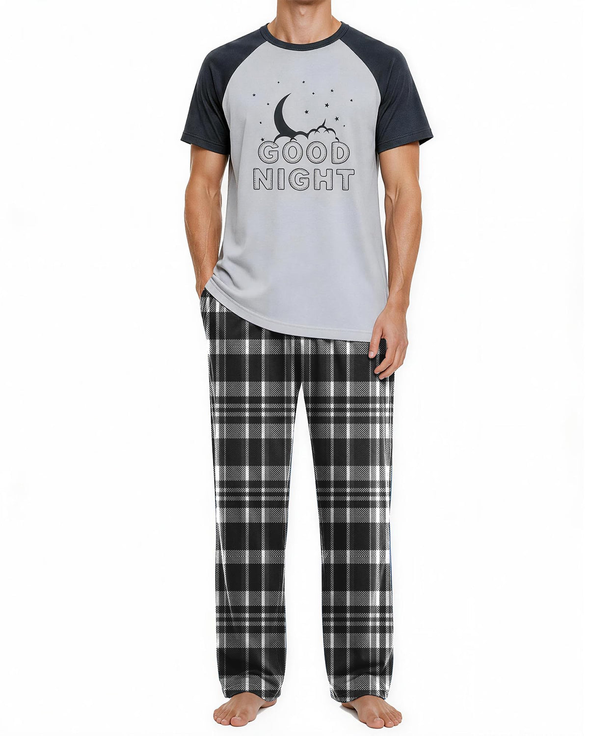Mens Pajamas Set Soft Pjs Short Top Plaid Pants Sleepwear Loungewear Sets